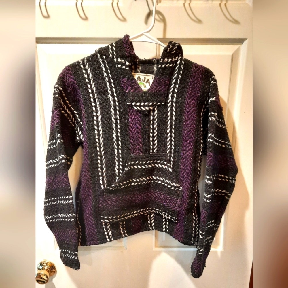 Baja Joe Purple/Black Woven Hooded Sweater size XL Heavyweight Bohemian